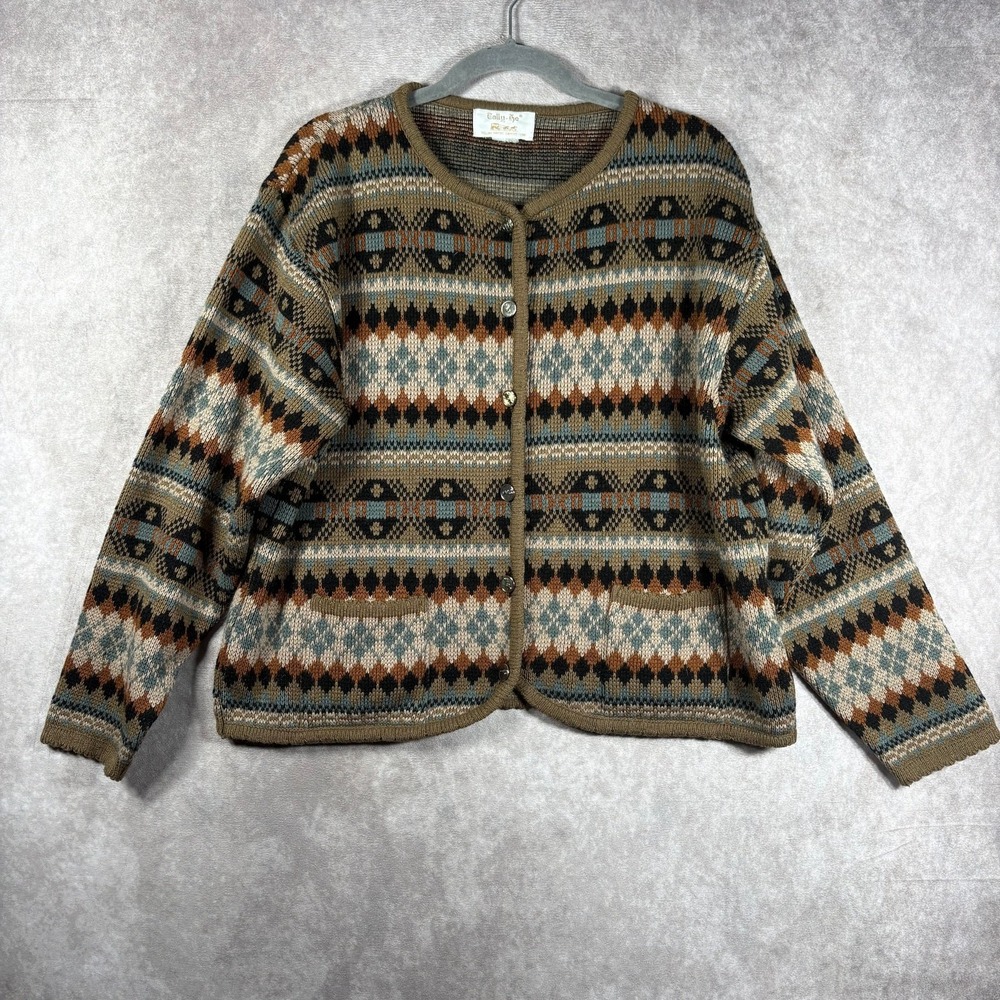 Vintage Tally-Ho Cardigan Sweater Womens L Brown Geometric Knit Button Cottage